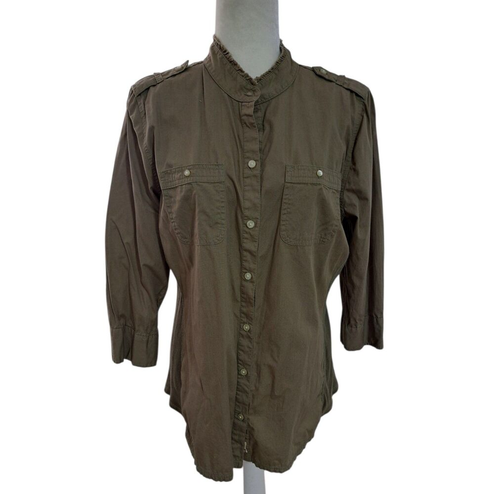 Converse Women's Olive Green Cotton 3/4 Sleeve Button Top Sz XL